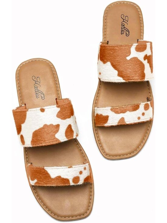 Shoes - Women's Cow Print Open Square Toe Two Strap Slip On Flat Casual Sandal Shoes